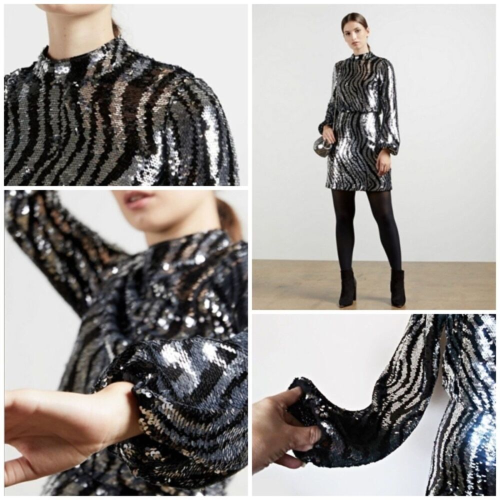 TED BAKER Sequin Mini Dress Animal Striped Print Mock Neck LS Silver Sz 0-2 / XS - Picture 16 of 16